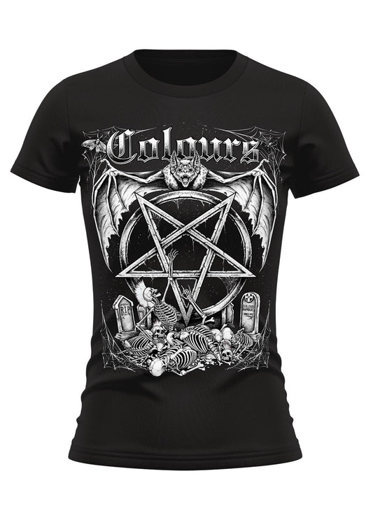 Schwarzes, tailliertes T-Shirt Colours Dark Cave Ladies Shirt mit exklusivem Friedhof- und Pentagramprint von Easure