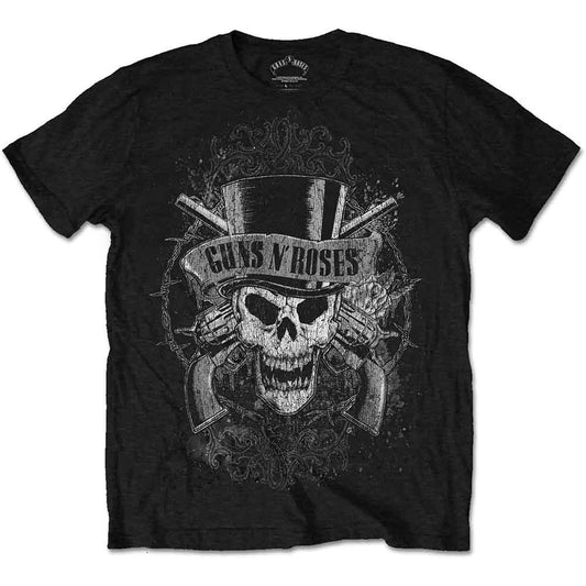 Lizensiertes Guns N' Roses Faded Skull Bandshirt mit Totenkopf mit Zylinder- und Pistolenprint