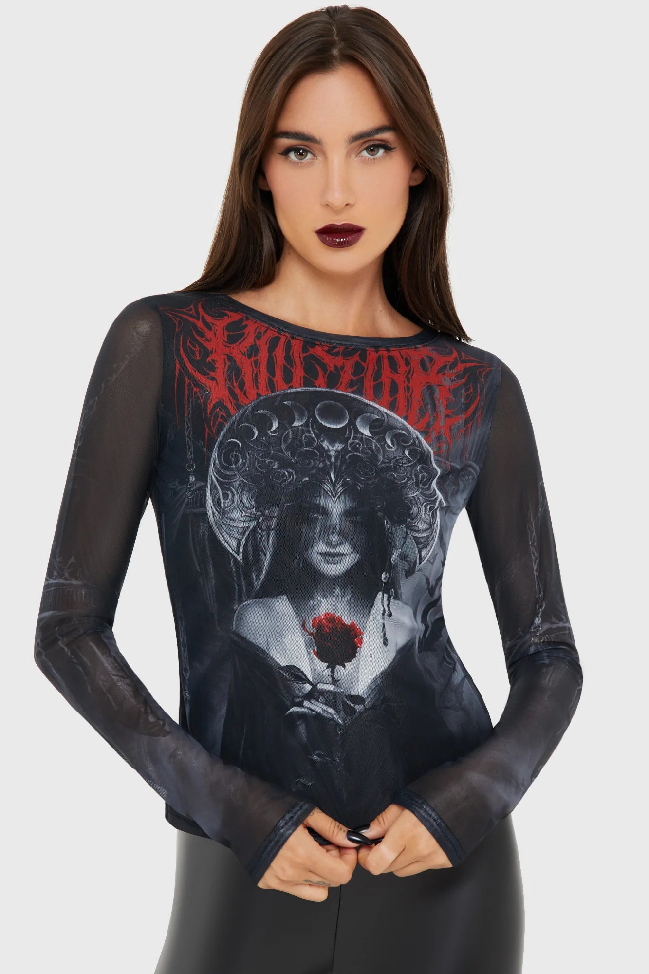 Netzshirt Grimalkins Glass Mesh Top mit okkultem Print von Killstar