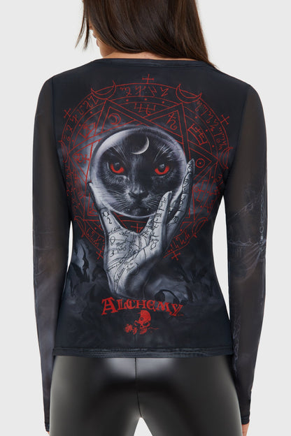 Netzshirt Grimalkins Glass Mesh Top mit okkultem Print von Killstar