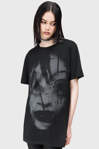 Schwarzes, kurzärmliges Oberteil GRIM FUSION T-SHIRT mit unheimlichem Print von Killstar