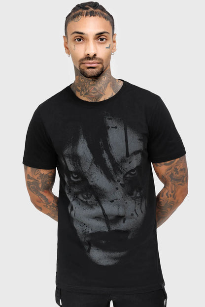 Schwarzes, kurzärmliges Oberteil GRIM FUSION T-SHIRT mit unheimlichem Print von Killstar