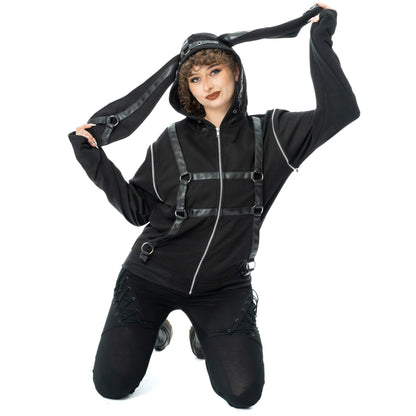Schwarze Sweatshirtjacke GRIM BUNNY HOOD mit Kunstlederdetails und Hasenohren an der Kapuze von Heartless