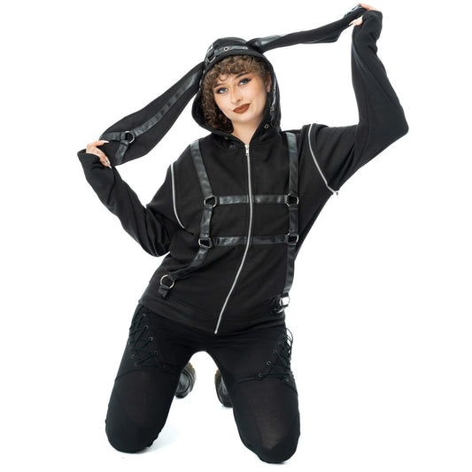 Schwarze Sweatshirtjacke GRIM BUNNY HOOD mit Kunstlederdetails und Hasenohren an der Kapuze von Heartless