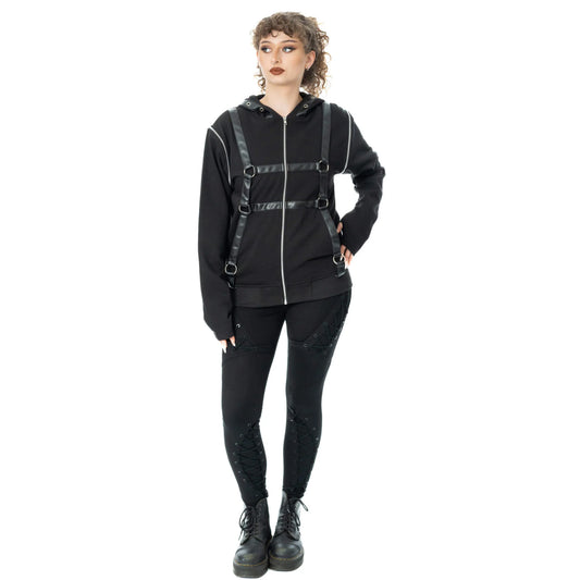 Schwarze Sweatshirtjacke GRIM BUNNY HOOD mit Kunstlederdetails und Hasenohren an der Kapuze von Heartless