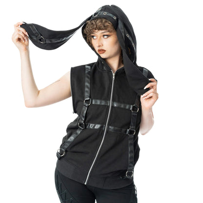 Schwarze Sweatshirtjacke GRIM BUNNY HOOD mit Kunstlederdetails und Hasenohren an der Kapuze von Heartless