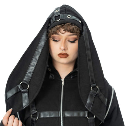Schwarze Sweatshirtjacke GRIM BUNNY HOOD mit Kunstlederdetails und Hasenohren an der Kapuze von Heartless