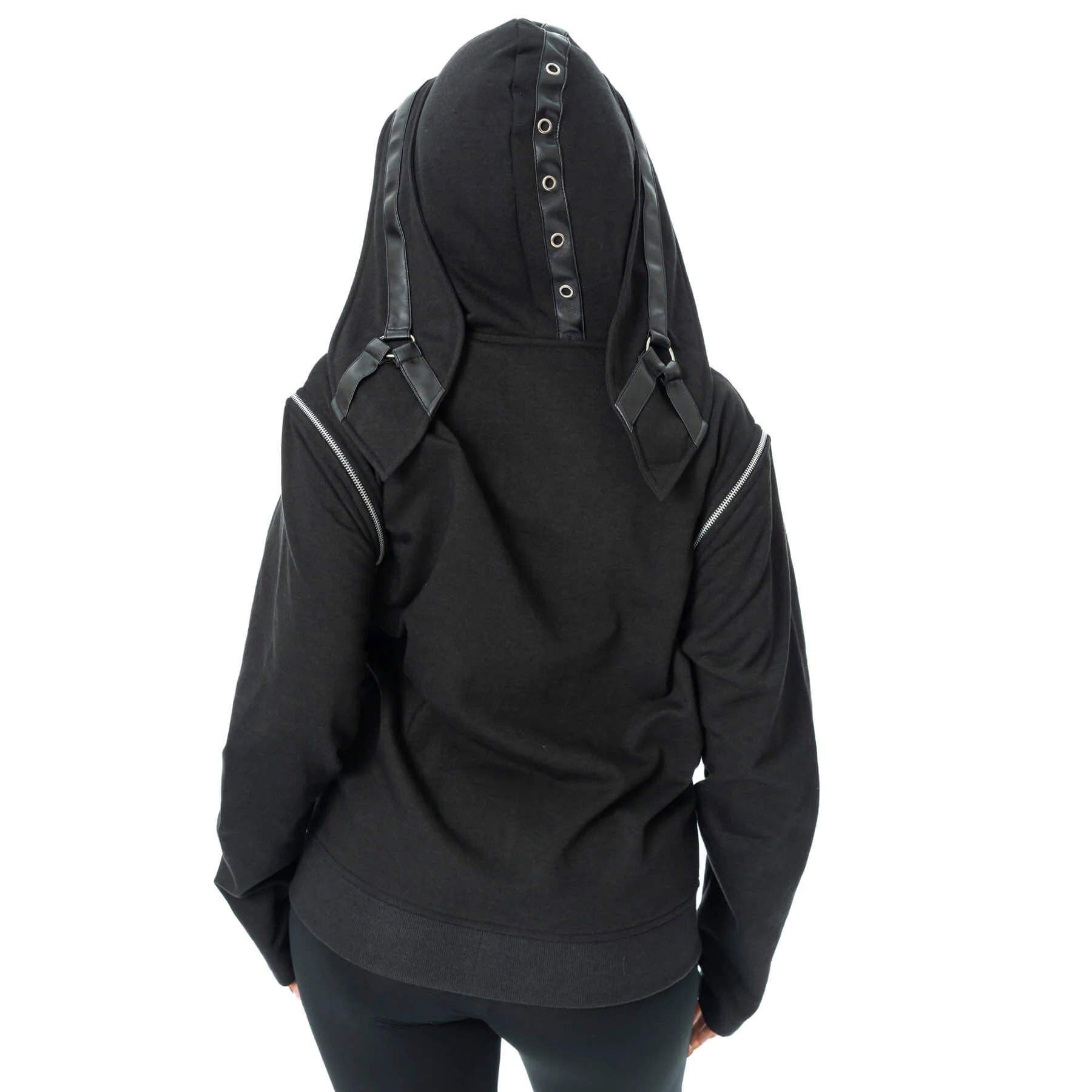 Schwarze Sweatshirtjacke GRIM BUNNY HOOD mit Kunstlederdetails und Hasenohren an der Kapuze von Heartless
