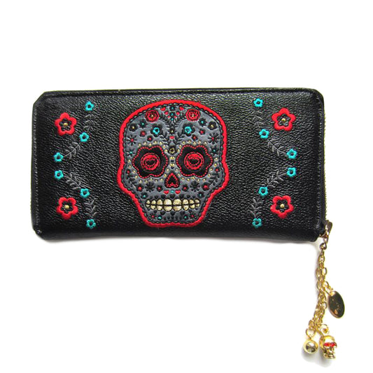 Schwarzes Portemonnaie Geldbörse Flower Skull mit Schädel in mexikanischem Design