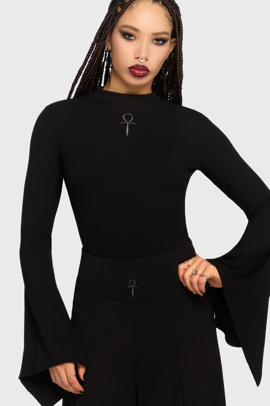 Schwarzer Body Gloom Bell Bodysuit mit Ankhstickerei von Killstar