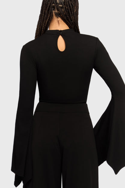 Schwarzer Body Gloom Bell Bodysuit mit Ankhstickerei von Killstar