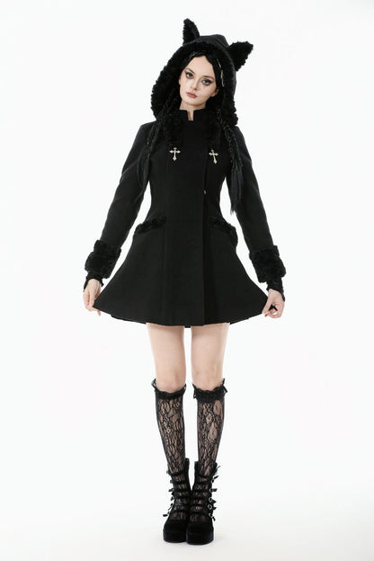 Schwarzer Mantel Goth Kitty Coat mit Katzenohren von Dark In Love