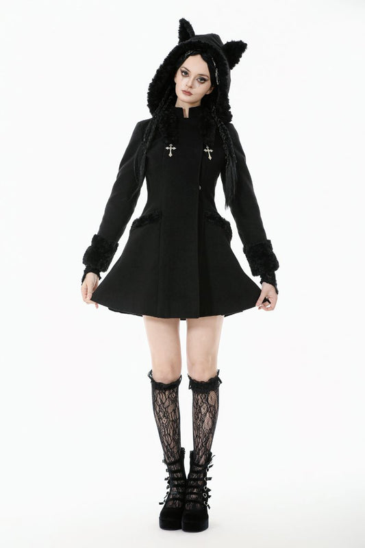 Schwarzer Mantel Goth Kitty Coat mit Katzenohren von Dark In Love