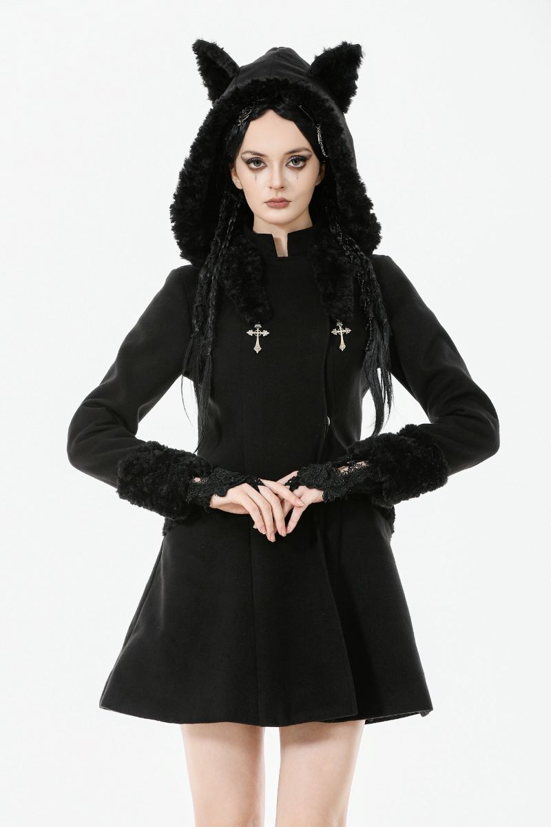 Schwarzer Mantel Goth Kitty Coat mit Katzenohren von Dark In Love