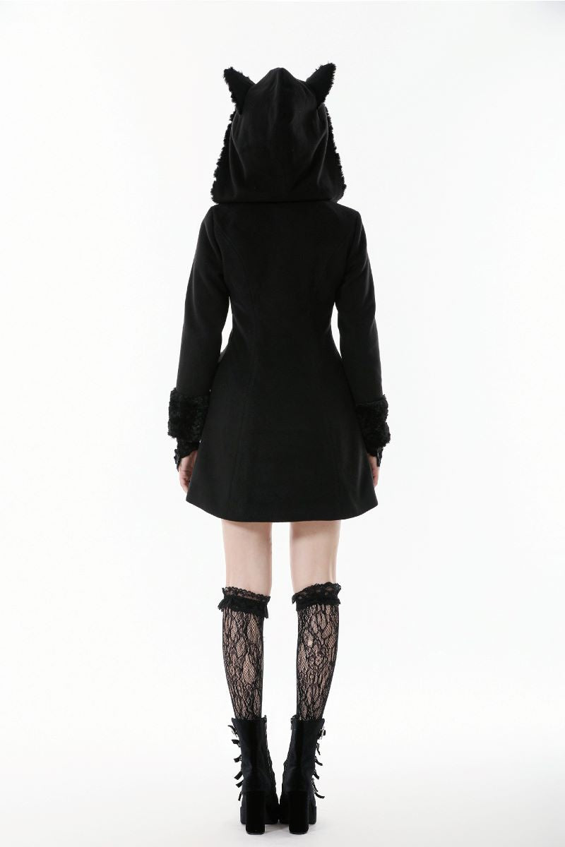 Schwarzer Mantel Goth Kitty Coat mit Katzenohren von Dark In Love