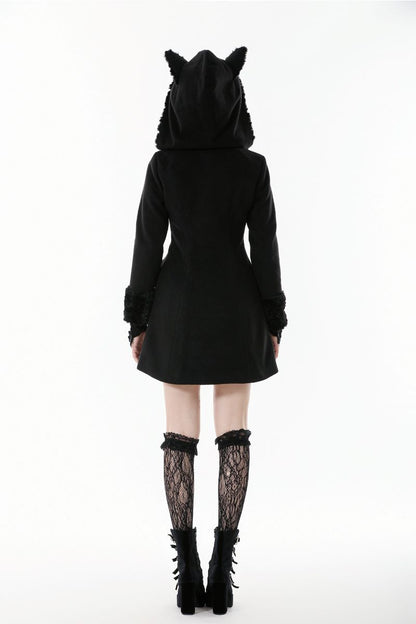 Schwarzer Mantel Goth Kitty Coat mit Katzenohren von Dark In Love