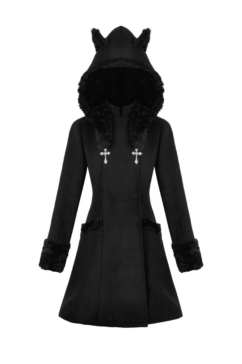Schwarzer Mantel Goth Kitty Coat mit Katzenohren von Dark In Love