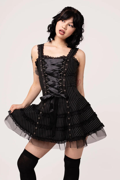 Schwarzes Mini-Kleid Harley Pinstripe Dress im Punk-Stil mit Zierschnürung von Hellbunny