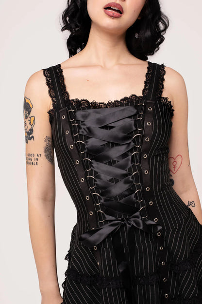 Schwarzes Mini-Kleid Harley Pinstripe Dress im Punk-Stil mit Zierschnürung von Hellbunny