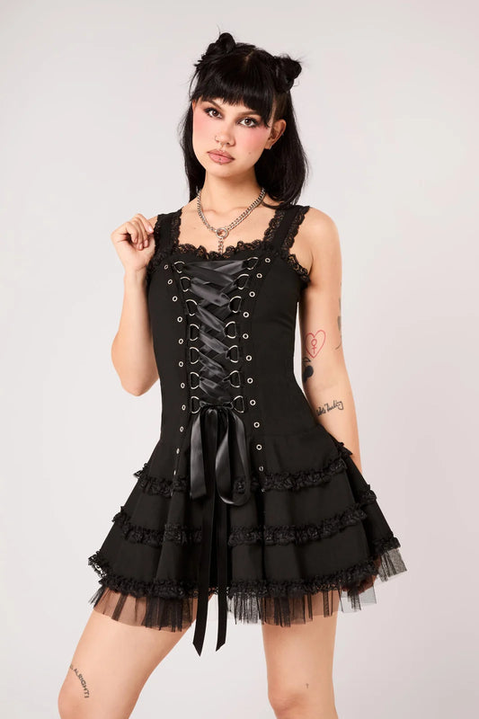 schwarzes Kleid Harley Plain Dress im Punk-Stil mit Zierschnürung von Hellbunny