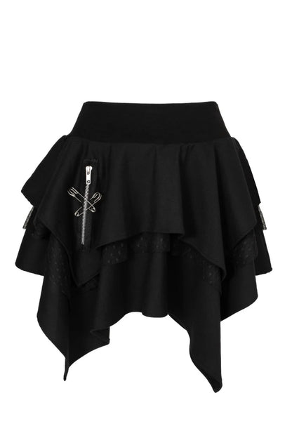 Schwarzer, asymmetrischer Mini-Rock Nadia Skirt mit Zierreißverschlüssen und Sicherheitsnadeln von Hellbunny