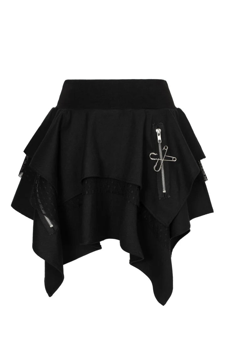 Schwarzer, asymmetrischer Mini-Rock Nadia Skirt mit Zierreißverschlüssen und Sicherheitsnadeln von Hellbunny