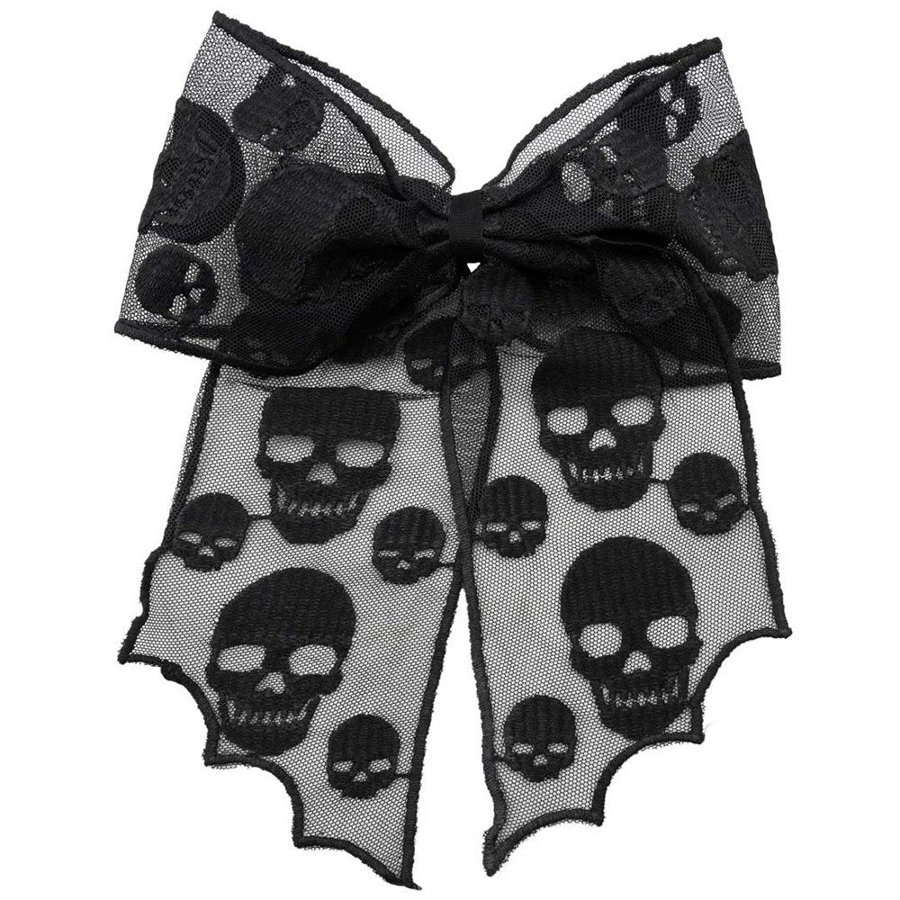 Schwarze Schleife SKULLS HAIR RIBBON MESH aus Meshstoff mit Totenkopfprint Moon Attic