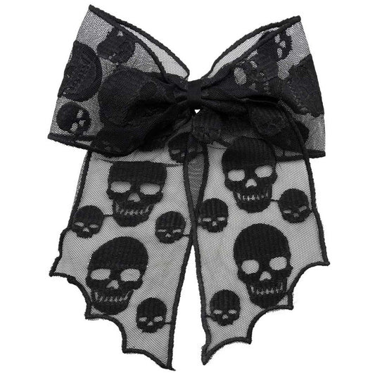 Schwarze Schleife SKULLS HAIR RIBBON MESH aus Meshstoff mit Totenkopfprint Moon Attic
