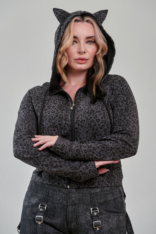 Graue Kapuzenjacke VAMPIRE KITTY HOODIE GREY mit Leopardenmuster und Katzenohren von Banned
