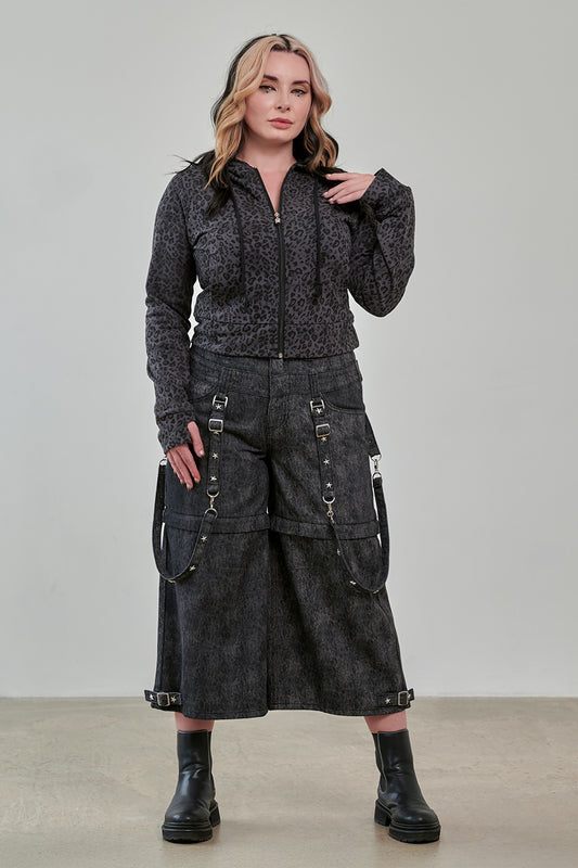 Graue Kapuzenjacke VAMPIRE KITTY HOODIE GREY mit Leopardenmuster und Katzenohren von Banned