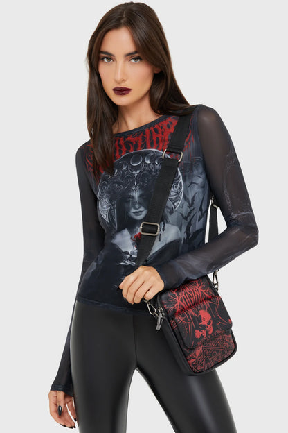 Schwarze Umhängetasche Headstone Crossbody Bag mit okkultem Print von Killstar