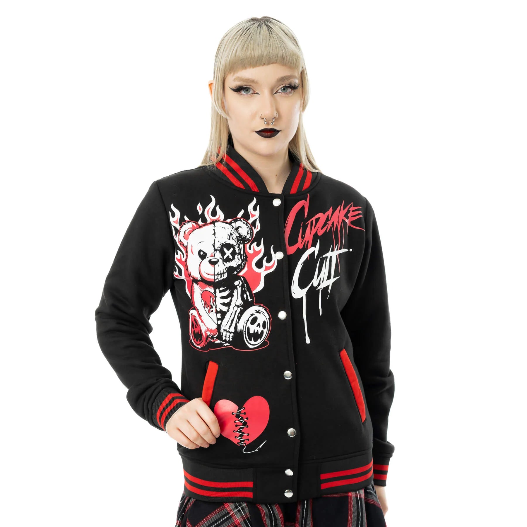 Schwarze Collegeacke HEARTBREAK BEAR VARSITY JACKET mit Comicbärenprint&nbsp; von Cupcake Cult