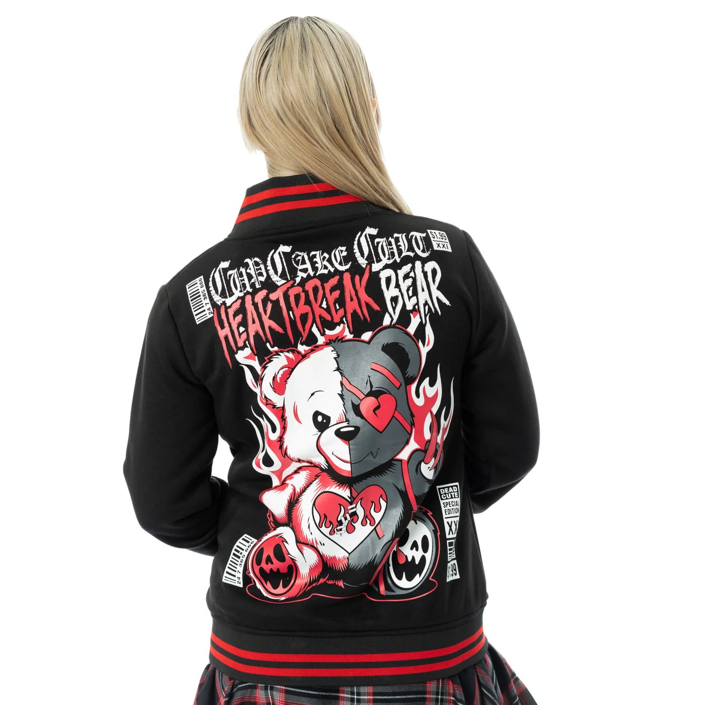 Schwarze Collegeacke HEARTBREAK BEAR VARSITY JACKET mit Comicbärenprint&nbsp; von Cupcake Cult