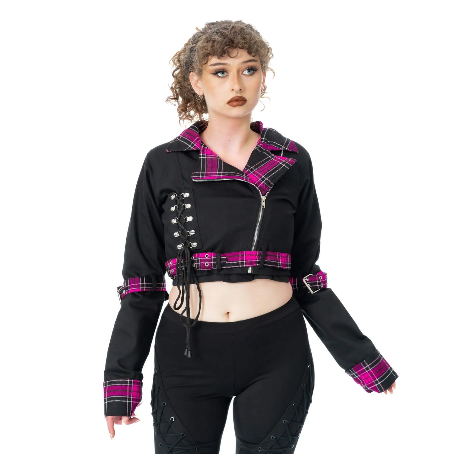 Schwarzer Jacke HEXBOURNE JACKET mit pinkem Tartanmuster von Heartless