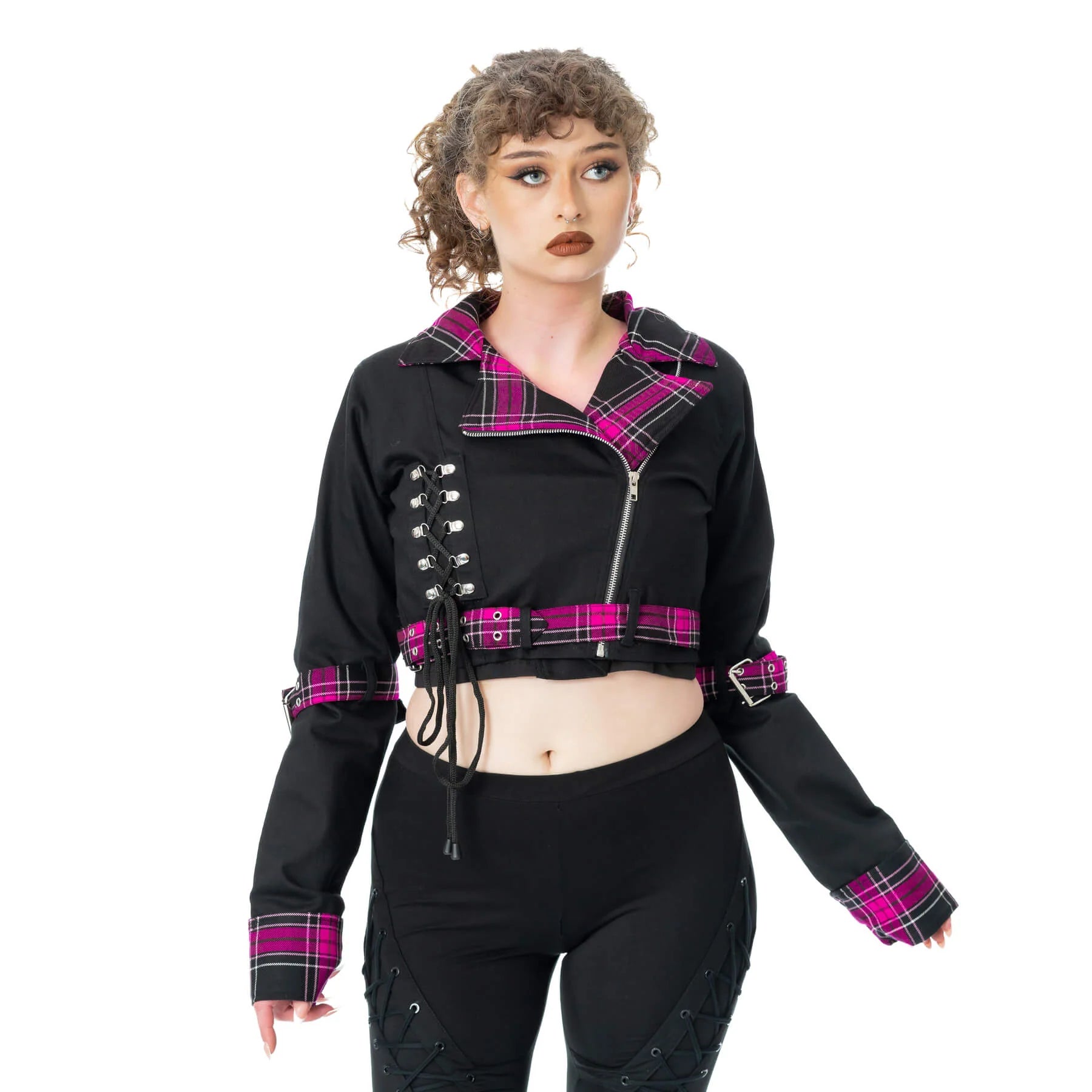 Schwarzer Jacke HEXBOURNE JACKET mit pinkem Tartanmuster von Heartless
