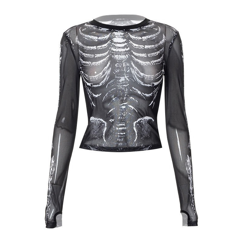 Schwarzes, transparentes Langarmshirt BONES MESH TOP mit Knochenprint von Moon Attic