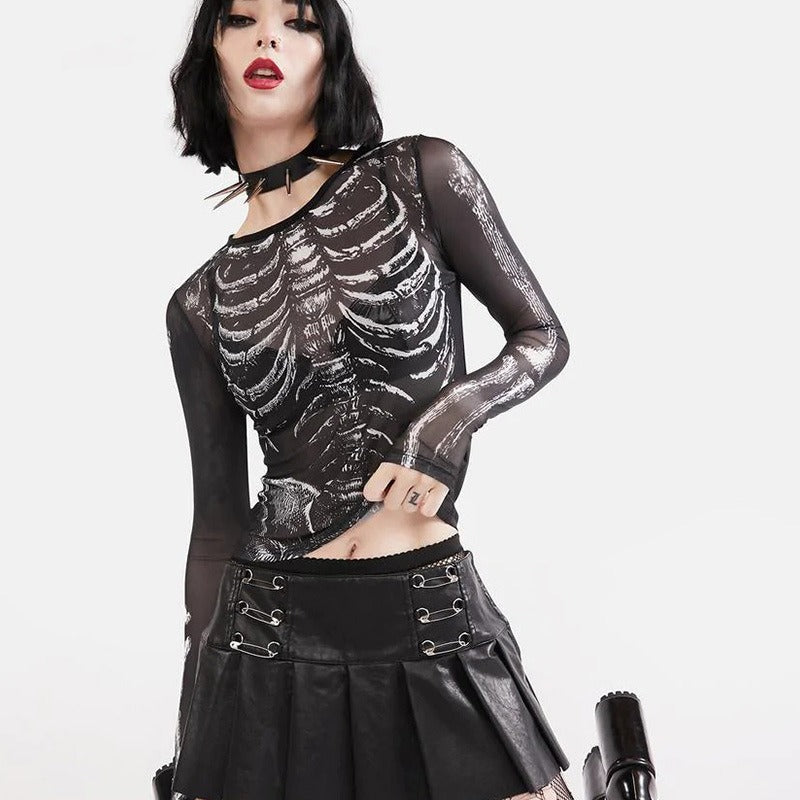 Schwarzes, transparentes Langarmshirt BONES MESH TOP mit Knochenprint von Moon Attic