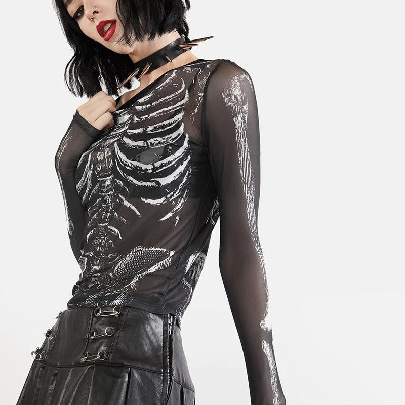 Schwarzes, transparentes Langarmshirt BONES MESH TOP mit Knochenprint von Moon Attic