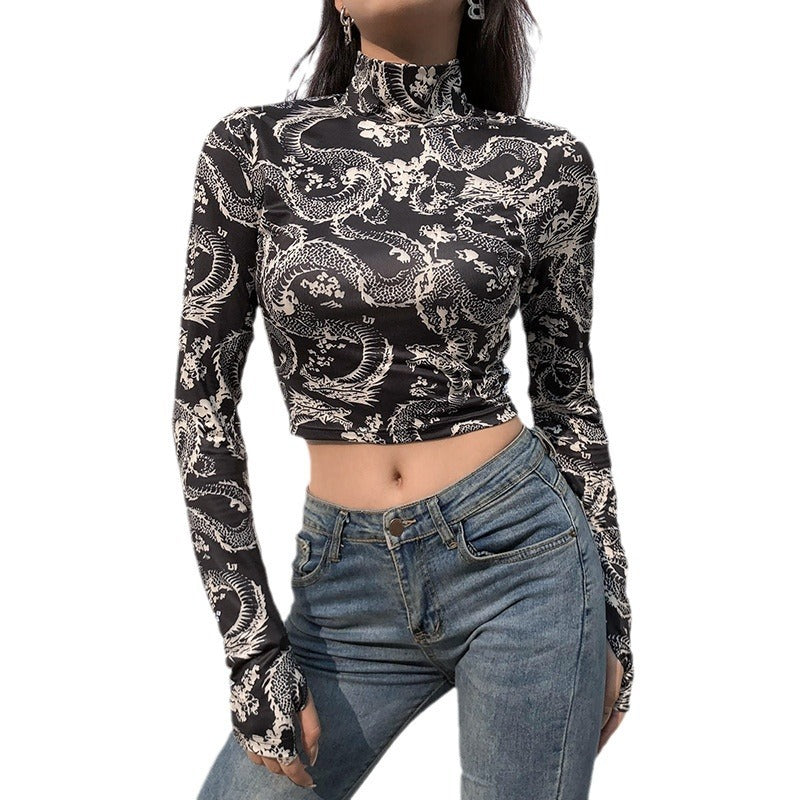 Schwarzes Langarmshirt DRAGONS MESH TOP mit Allover-Drachenprint und hohem Kragen von Moon Attic