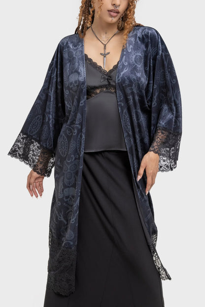 Langer, leichter, grau-blauer HALF VAMP KIMONO mit Allover-Print von Killstar