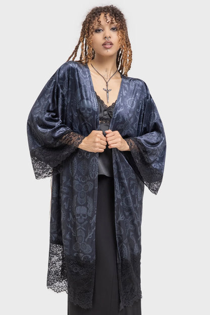 Langer, leichter, grau-blauer HALF VAMP KIMONO mit Allover-Print von Killstar