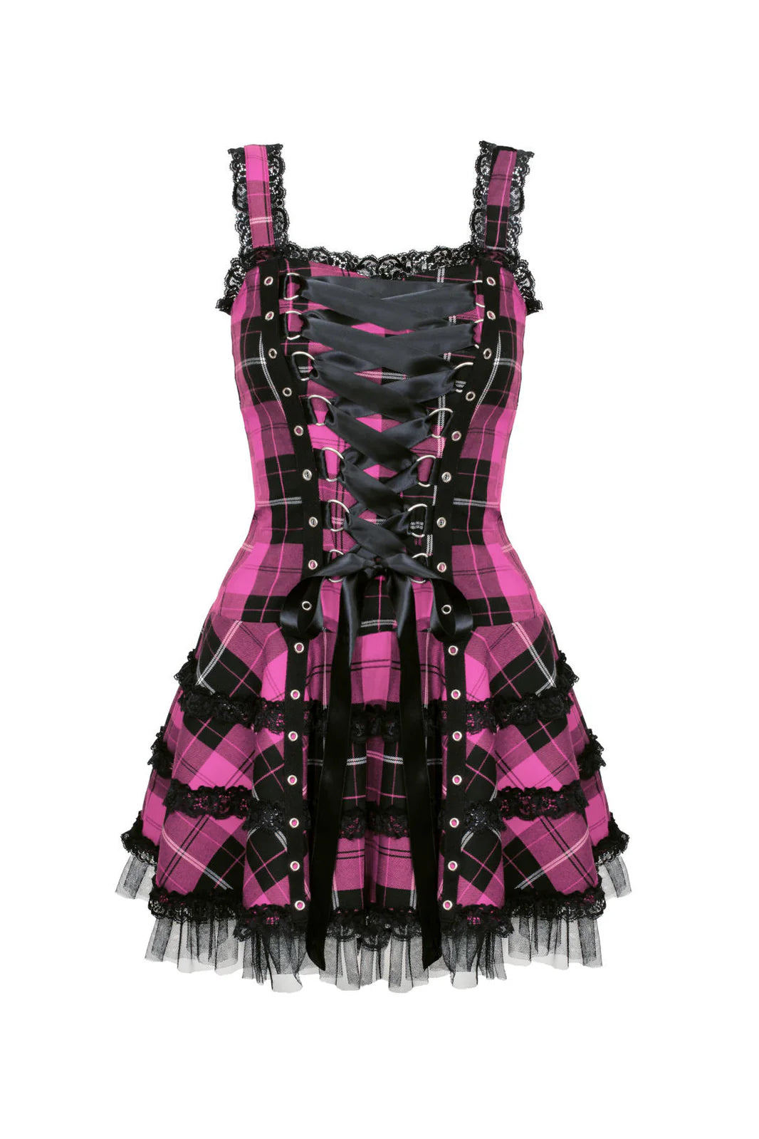Pink-schwarzes Schottenkaro-Kleid Harley Pink Tartan Dress im Punk-Stil mit Zierschnürung von Hellbunny