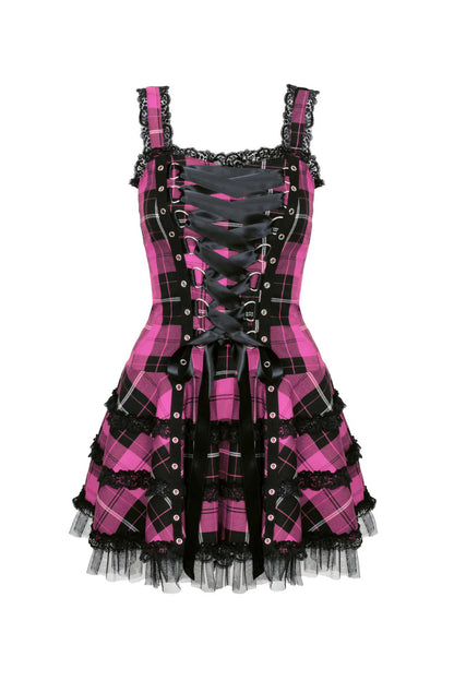 Pink-schwarzes Schottenkaro-Kleid Harley Pink Tartan Dress im Punk-Stil mit Zierschnürung von Hellbunny