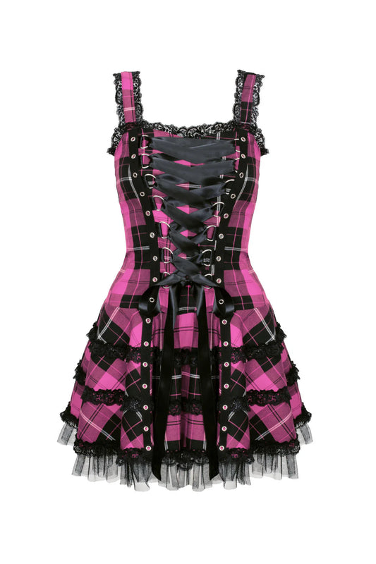 Pink-schwarzes Schottenkaro-Kleid Harley Pink Tartan Dress im Punk-Stil mit Zierschnürung von Hellbunny