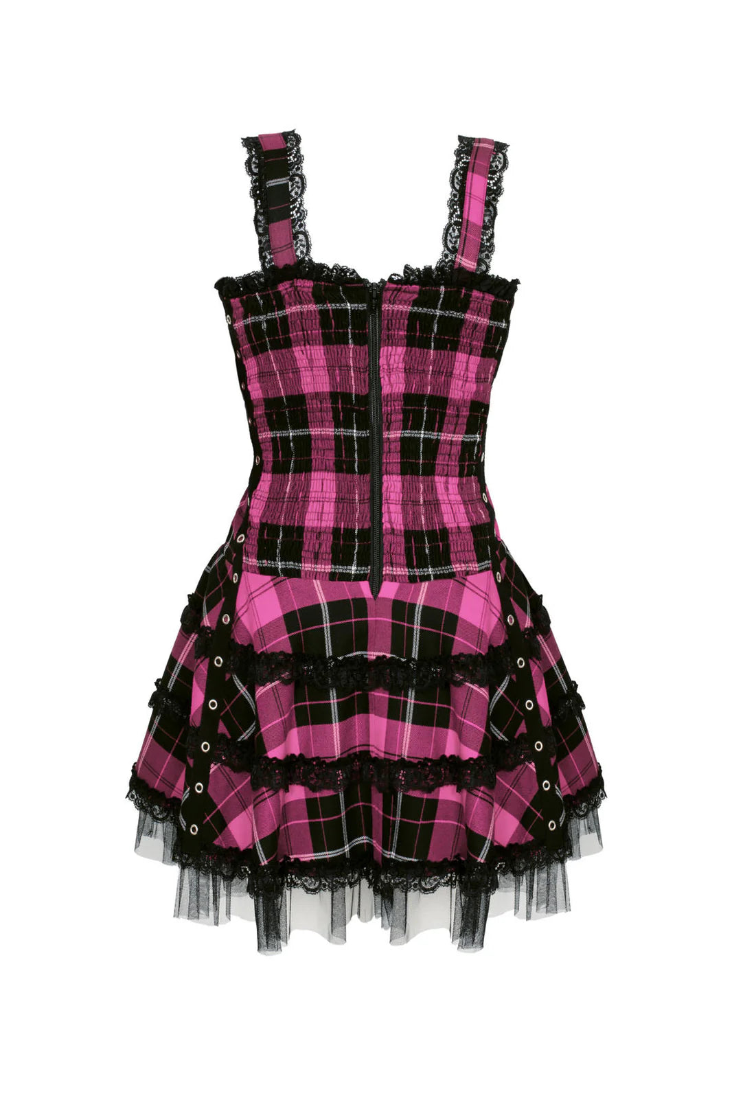 Pink-schwarzes Schottenkaro-Kleid Harley Pink Tartan Dress im Punk-Stil mit Zierschnürung von Hellbunny