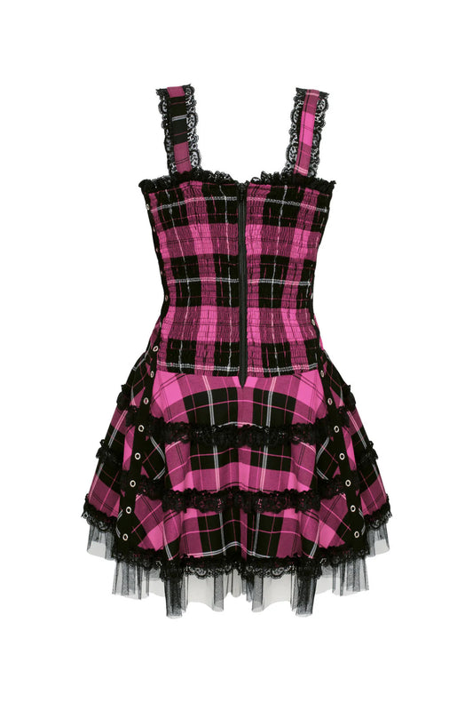 Pink-schwarzes Schottenkaro-Kleid Harley Pink Tartan Dress im Punk-Stil mit Zierschnürung von Hellbunny