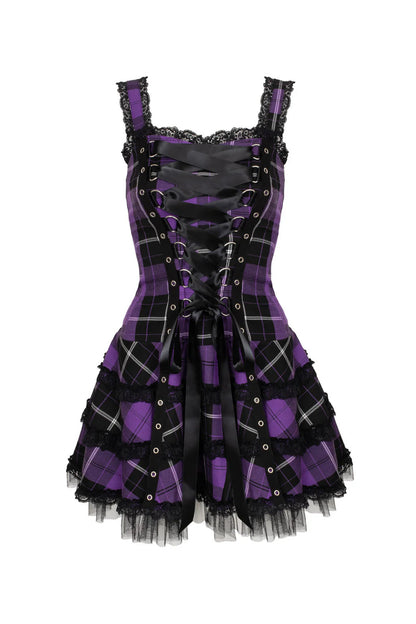 Lila-schwarzes Schottenkaro-Kleid Harley Purple Tartan Dress im Punk-Stil mit Zierschnürung von Hellbunny
