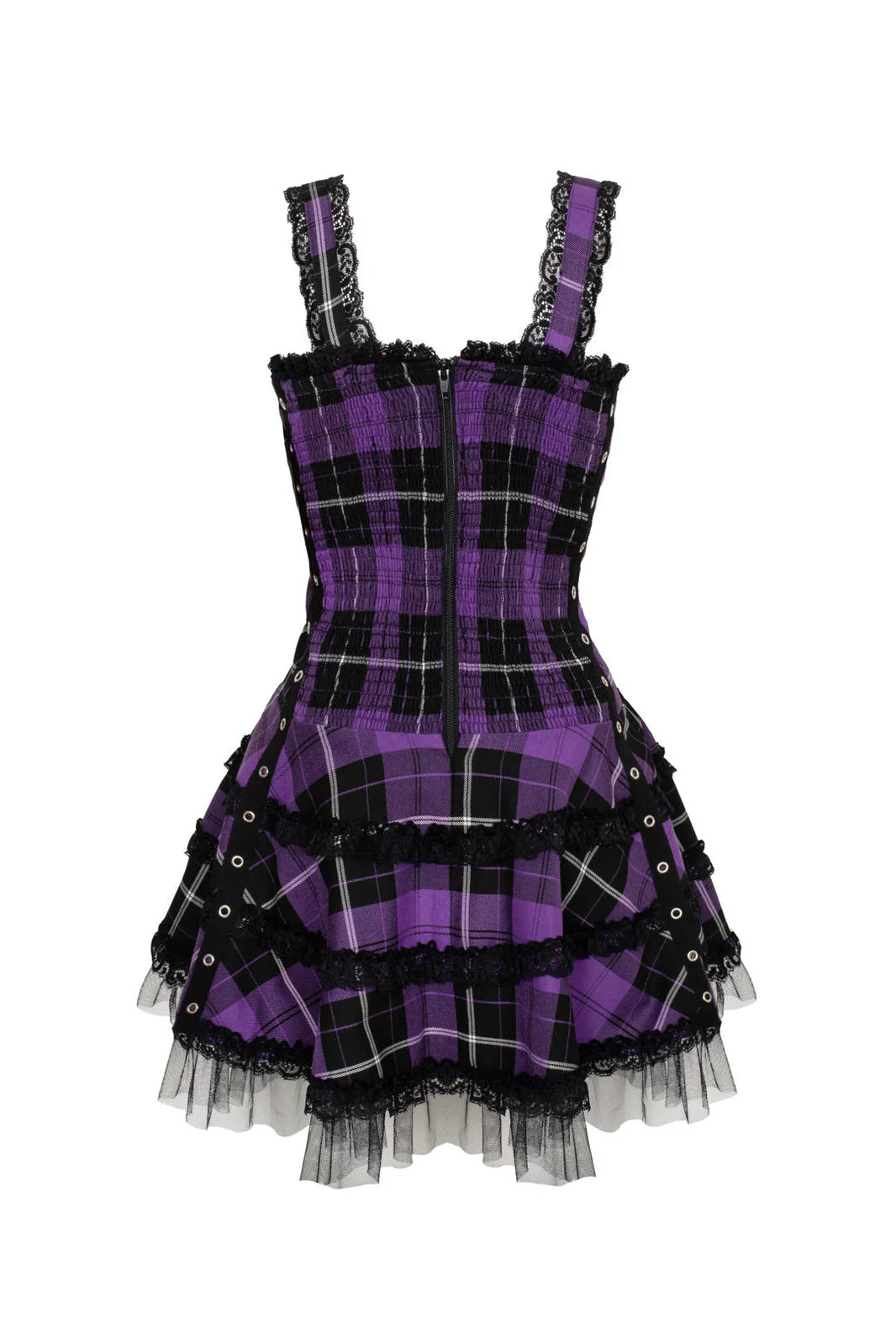 Lila-schwarzes Schottenkaro-Kleid Harley Purple Tartan Dress im Punk-Stil mit Zierschnürung von Hellbunny