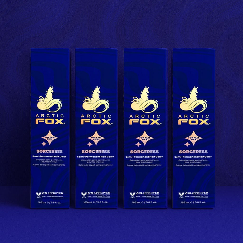 Vier semi-permanente Haartönungen 4er-Sparset Sorceress in dem Farbton Dunkellila/-blau von Arctic Fox