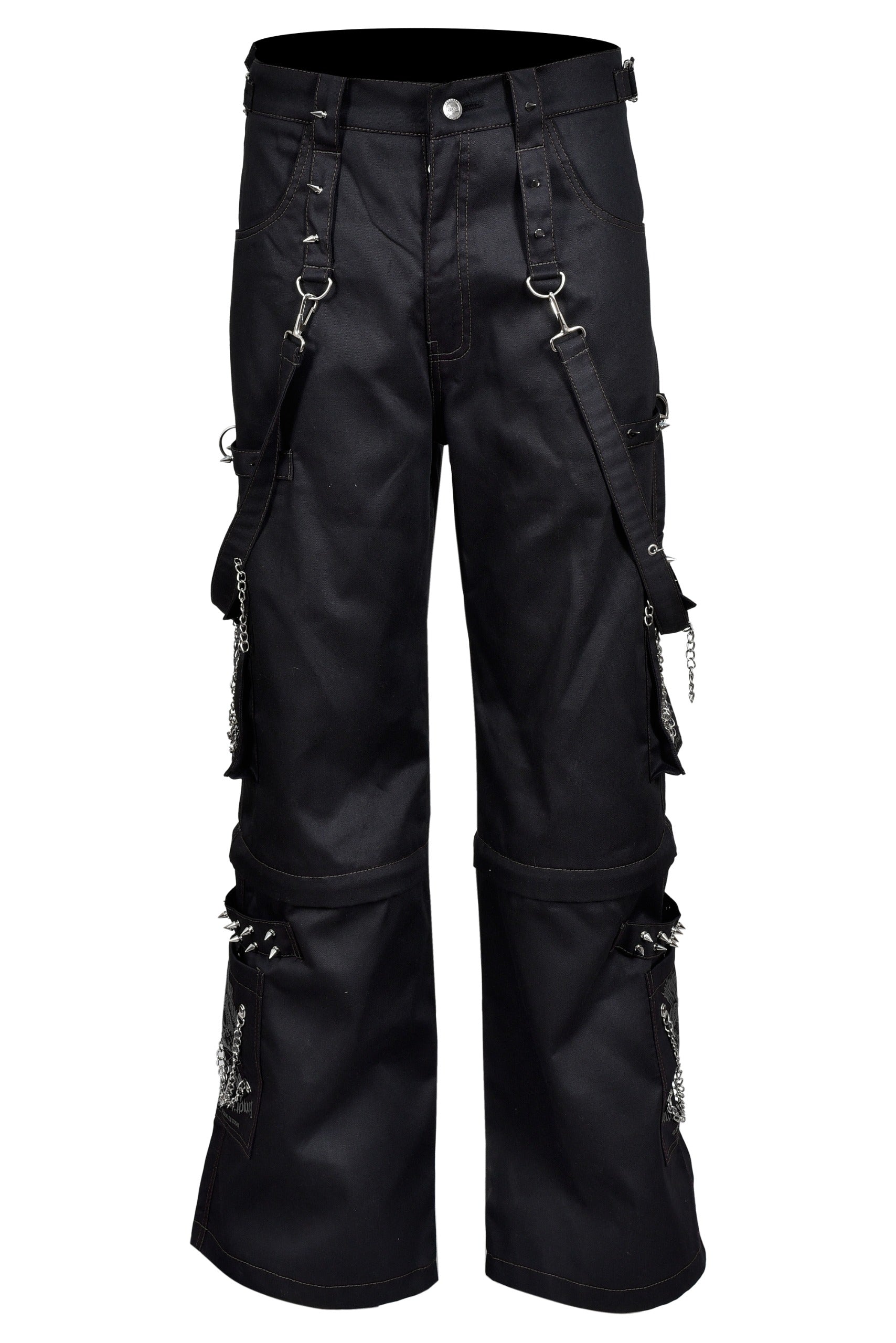 Schwarze Hose GRAY SPIKE PANTS mit grauem Colours-Skull-Print auf Taschen, sowie vielen Nieten, Ketten und Riemen mit Colours Branding